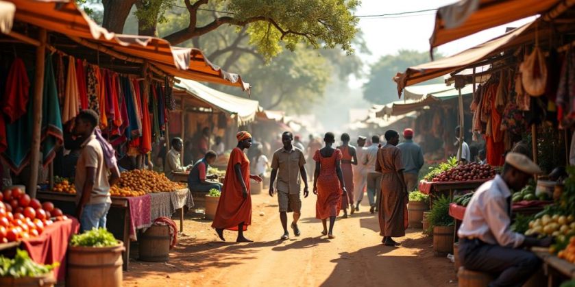 Vibrant African market with vendors and diverse shoppers.