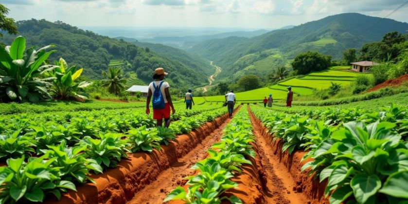 Lush Liberian farmland with farmers and diverse crops.