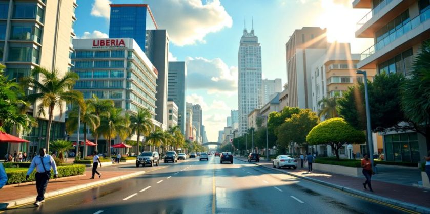 Cityscape of Liberia with modern buildings and greenery.